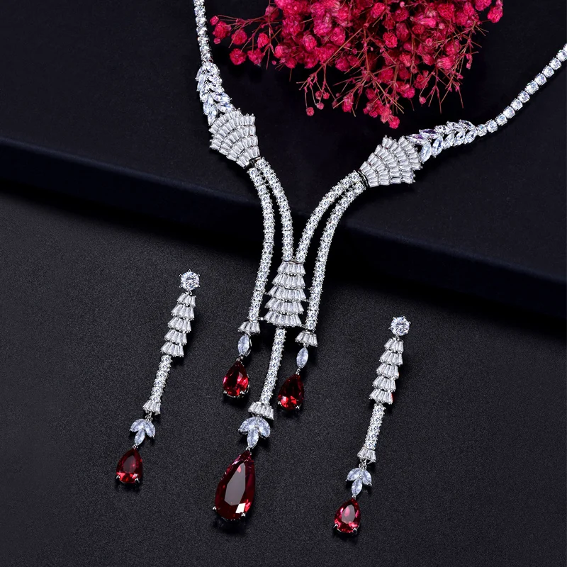 ANGELCZ Sparkling Red Cubic Zirconia Dangle Drop Long Tassel Wedding Earrings Necklace Dubai Jewelry Sets For Women Bridal AJ210