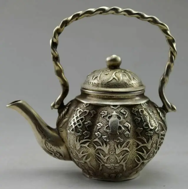 Old Chinese Handwork Tibet Silver Carved Flower Fish Tea Pot