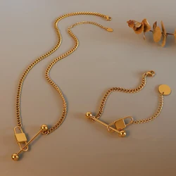 New Luxury Never Fade Fashion 18 K 316L Stainless Steel Heart Lock Necklace And Bracelet Gold Color Jewelry Sets For Women
