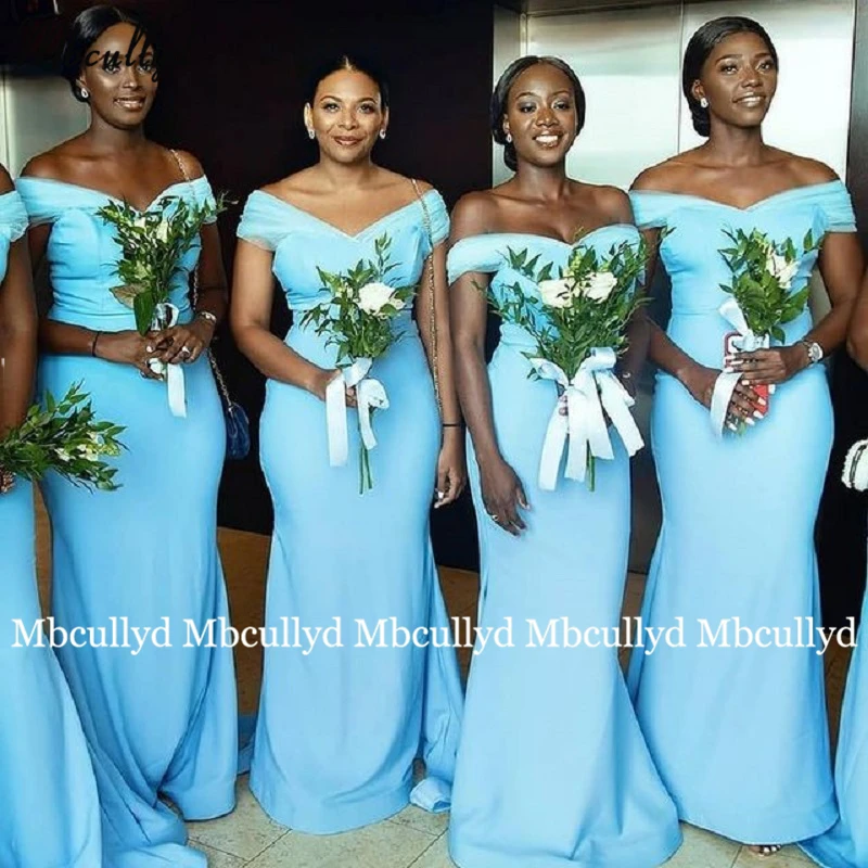 2021 neue Blau Brautjungfer Kleider Für Hochzeiten Weg Von der Schulter Stretch Satin Bodenlangen Plus Größe Formal Maid of Honor