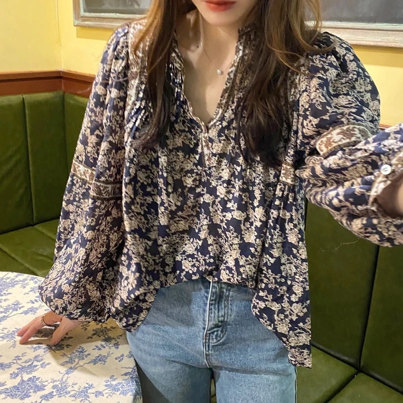 Women Floral Vintage Lantern Sleeve Shirts Female Elegant Casual All Match Female Office Lady Blouses Tops