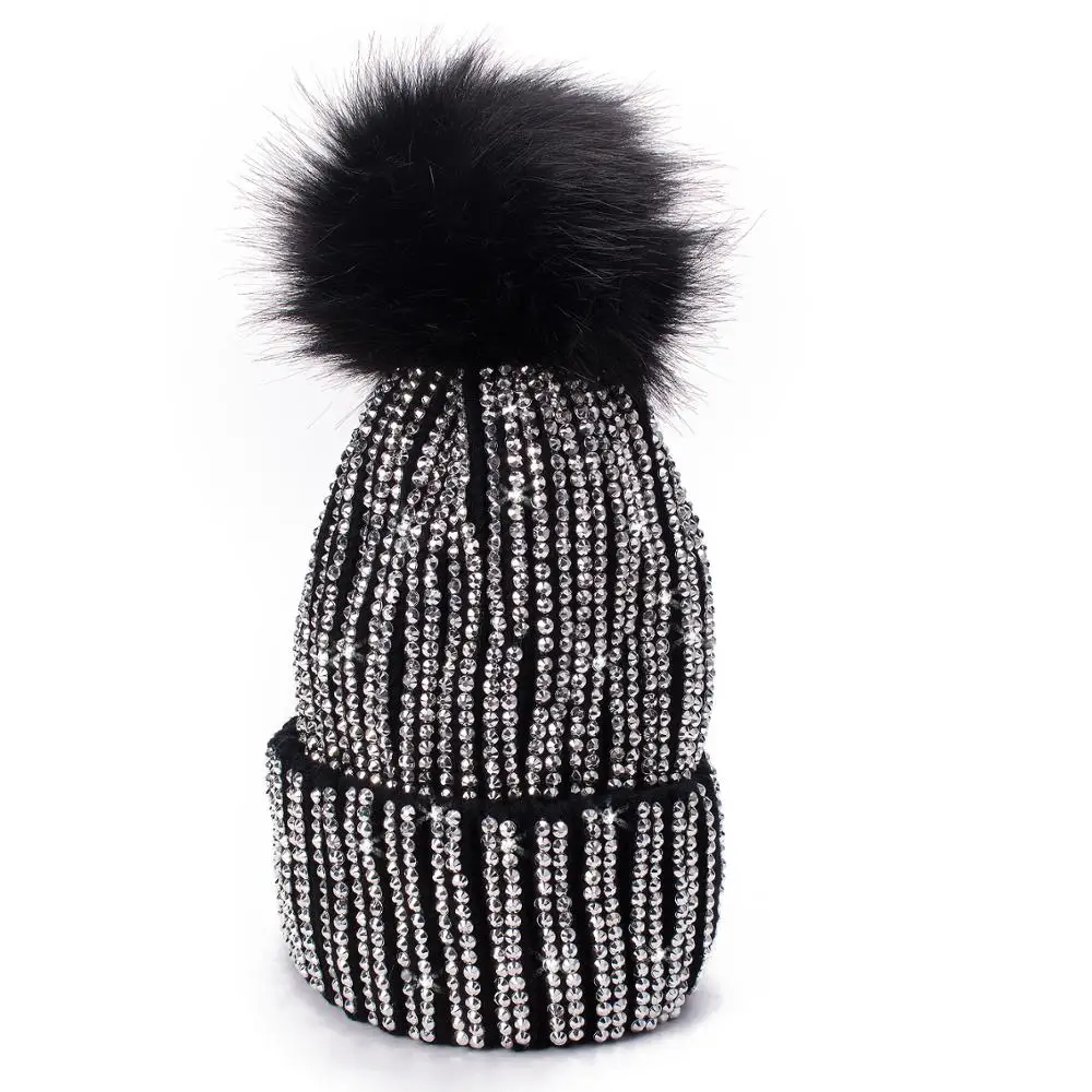 Lawliet Winter Hats Faux Fur Pom Pom Rhinestone Bling Style Women Beanies High Quality Warm Knitted Skull Cap A469