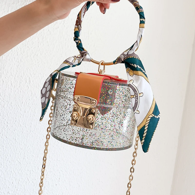 Transparent Plastic Gold Ring Handle Fashion Women Fashion Purses and Handbags Party Clutch Bag Shoulder Chain Bag Totes Bolsa