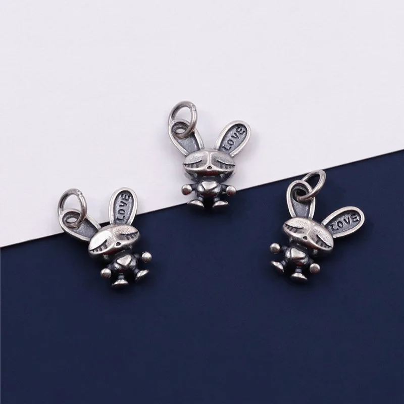 925 Sterling Silver Cute Love Rabbit Circle Charms Aging Process S925 Silver Necklace Pendant DIY Jewelry Decoration Findings