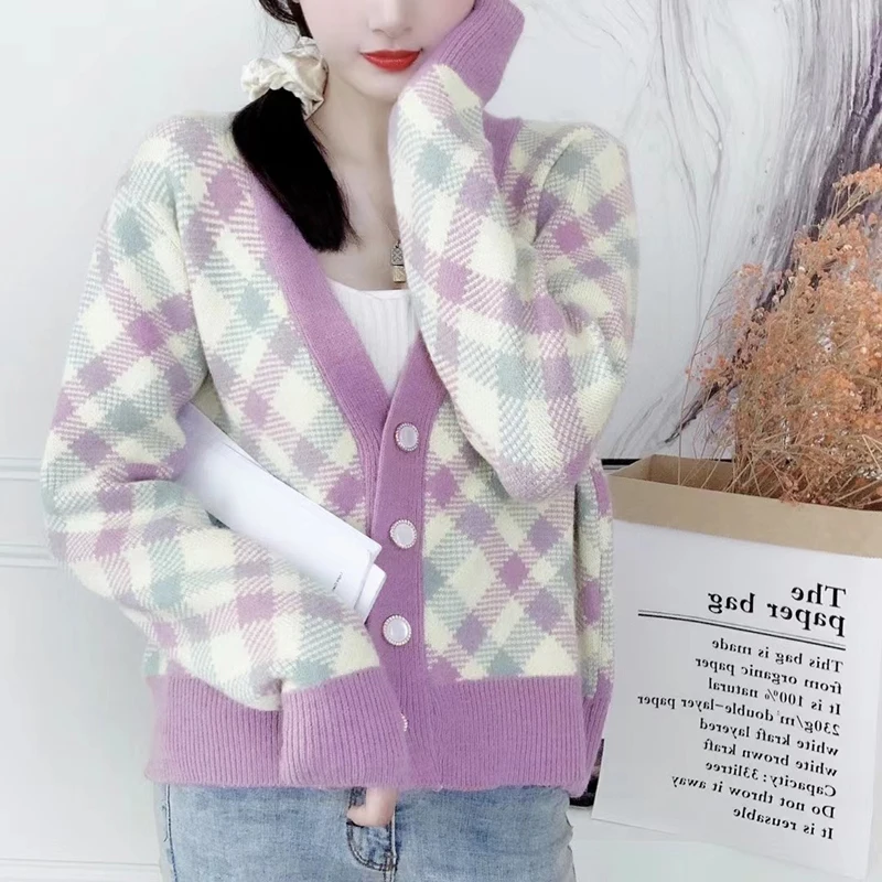 

Preppy Style Women Short Cardigan 2021 Korean Cute Plaid Argyle Button Sweater Long Sleeve Knitted Jacket Coat Sweaters Ladies