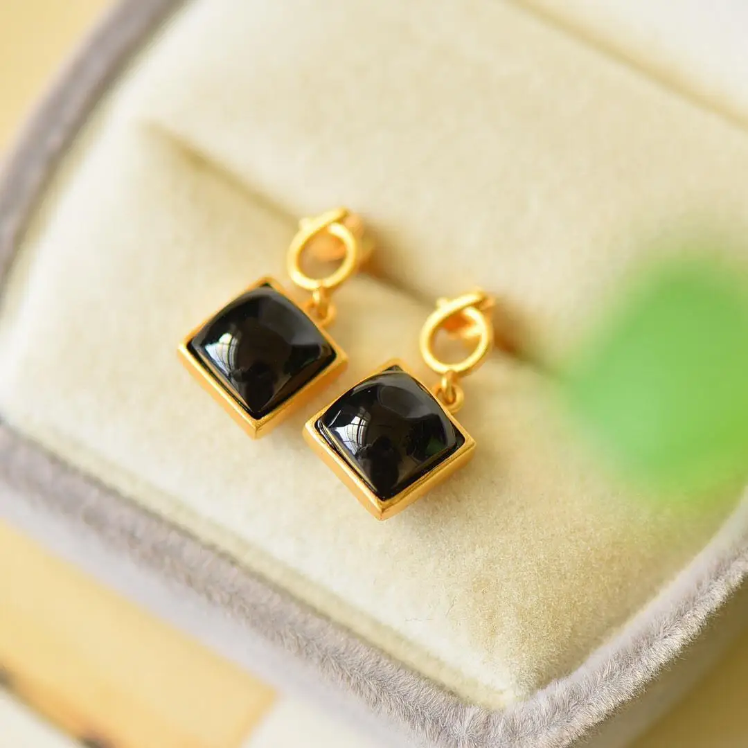 New designer original silver inlaid black agate geometric square short earrings retro charm ladies brand silver jewelry