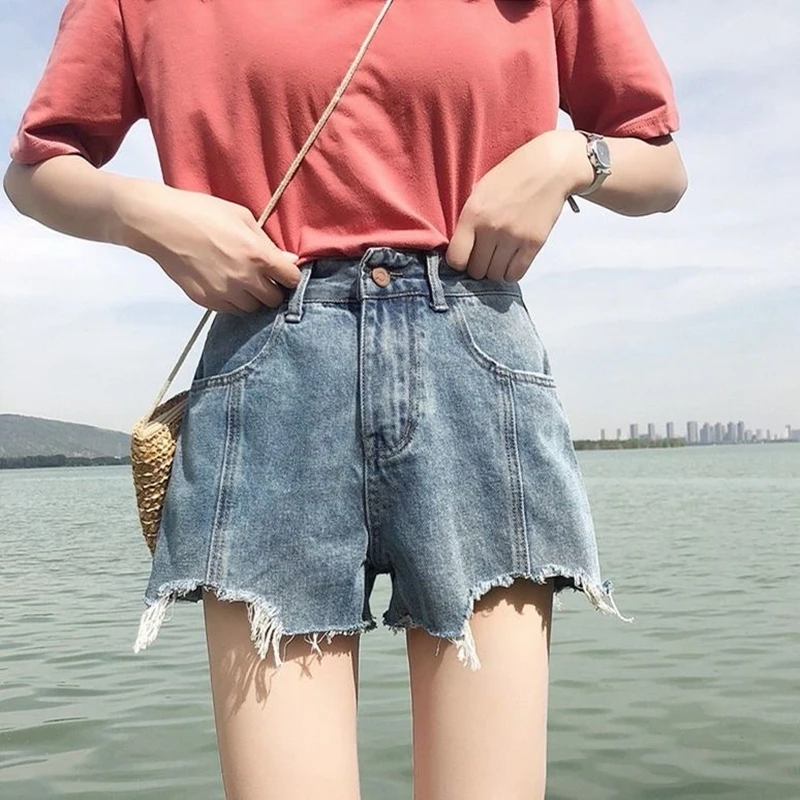 Summer Denim Shorts Jeans Patchwork high Waist Vintage fur-lined leg-openings zipper pocket Ripped notched loose Shorts woman