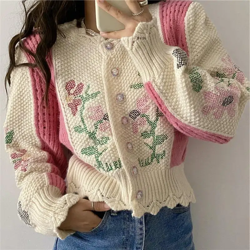 Hollow Out Knitted Cardigan Thin Coat Jacket Women Sweater Outerwear Autumn New Korean Slim Croche Sweater Pink Casual Coat Tops