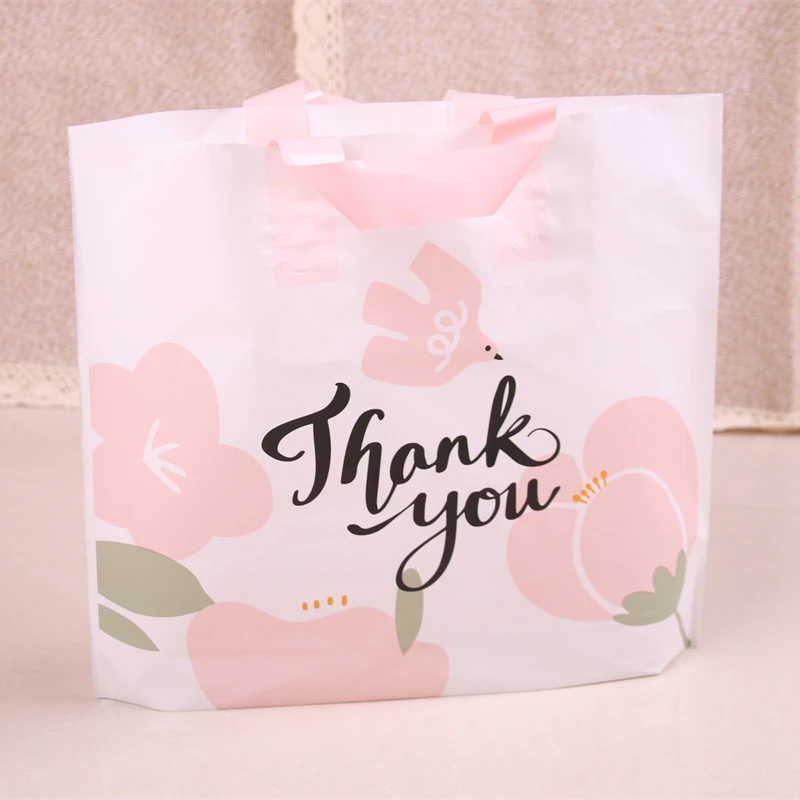 New Design Thank You Plastic Shopping Bags with Flowers Valentines Mariage Gift Packaging with Handels 10pcs 29x35cm