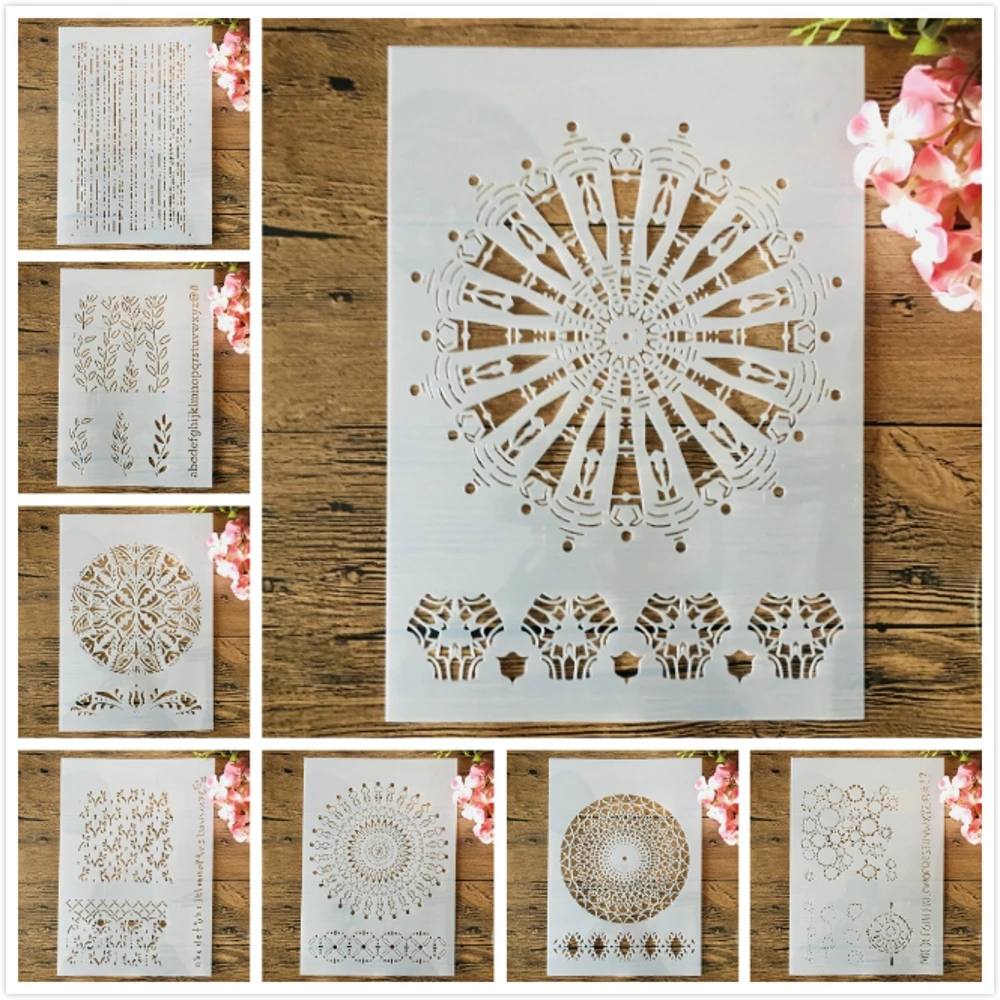 8Pcs/Lot A4 29cm Geometry Wheel Round Line DIY Layering Stencils Wall Painting Scrapbook Coloring Embossing Album Decor Template