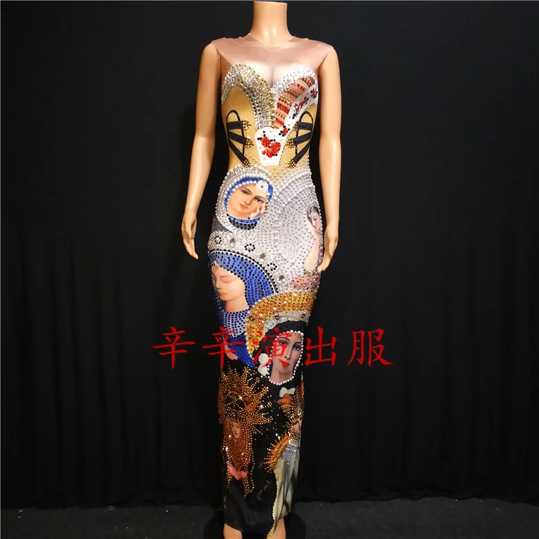 

Women New Colorful Sexy Stage Long Dress Sleeveless Virgin Mary Head Portrait Sparkling Crystals Printed Nightclub Party Dress