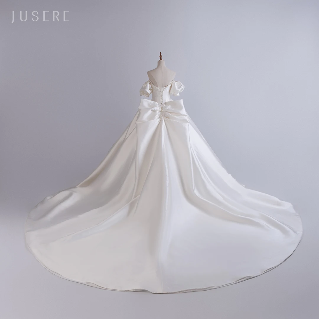 Jusere-Robe de Mariée en Satin Blanche avec Traîne Cathédrale, Épaules Dénudées, Robe de Bal, Gigot