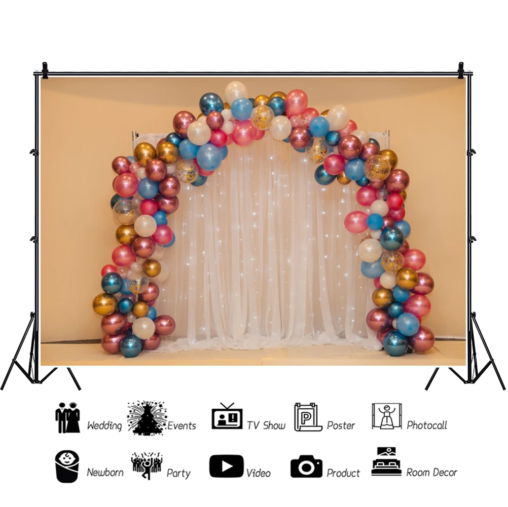Laeacco Bühne Hintergründe Für Fotografie Hochzeit Ballons Arch Tür Vorhang Liebe Party Decor Fotografischen Hintergrund Foto Studio