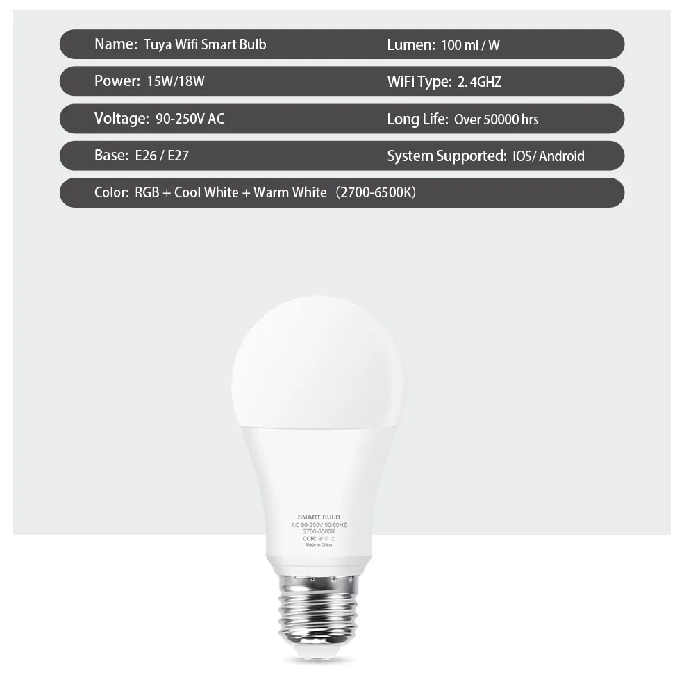 Tuya WiFi E27 lampadina intelligente 18W RGBW RGBWW E27 lampada a LED controllo vocale cambia colore lampadina dimmerabile lavora con Alexa Google