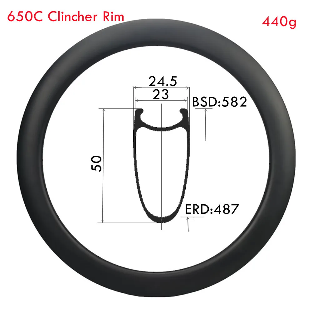 New Design 650C Carbon Rims Clincher Carbon Rims Rim  23mm Width 50mm Profile 440g