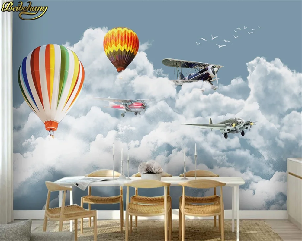 Custom 3d wallpaper mural modern minimalist blue sky white cloud airplane balloon children room background wall paper