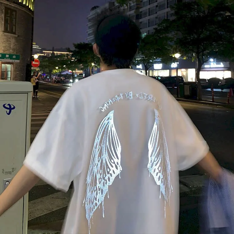 Men's and women's tshirts 2022 new creative wings printed T-shirts for boys summer Korean trend reflective five-point sleeve top