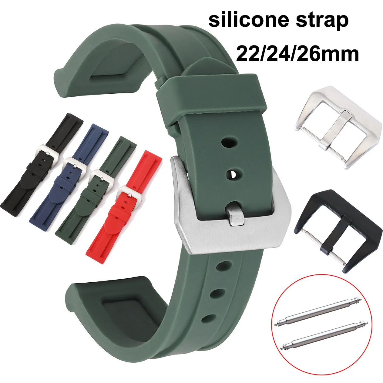 22mm 24mm 26mm Black Blue Red Green Silicone Watchband Replacement Rubber Band For Panerai Strap Wristband