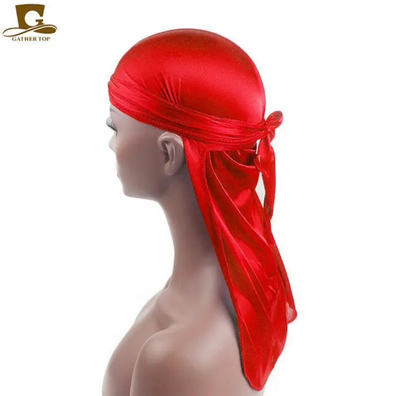 Unisex Long Silk Satin Breathable Turban Hat Wigs Durag Biker Headwrap Chemo Cap Pirate Hat Men Hair Accessories