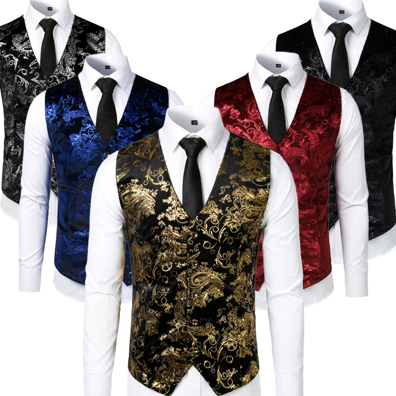 Gold Steampunk Vest Men Suit Gilet Homme Wedding Sleeveless Slim Fit Paisley Floral Dress Vests For Men Single Buttons Waistcoat