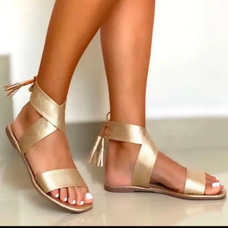 

2024 Summer Women's Flat Sandals With Ankle Straps Open Toe Gladiator Sandal Tassels Roman Shoes Woman Gold Flats Sandalias