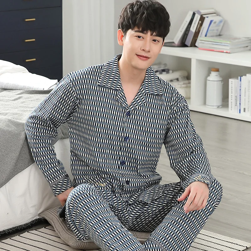 New Plus Size M-4XL Men Pajamas Spring 100% Cotton Men's Pijama Long Sleeve Turn-down Collar Male Sleepwear