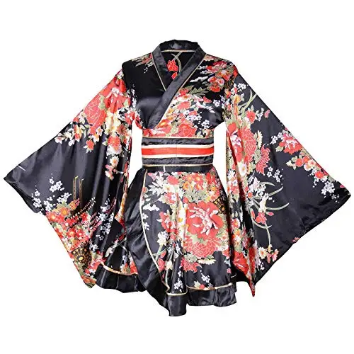 Women\'s Kimono Costume Adult Japanese Geisha Yukata Sweet Floral Patten Gown Blossom Satin Bathrobe Sleepwear with OBI Belt