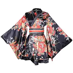 Women's Kimono Costume Adult Japanese Geisha Yukata Sweet Floral Patten Gown Blossom Satin Bathrobe Sleepwear with OBI Belt