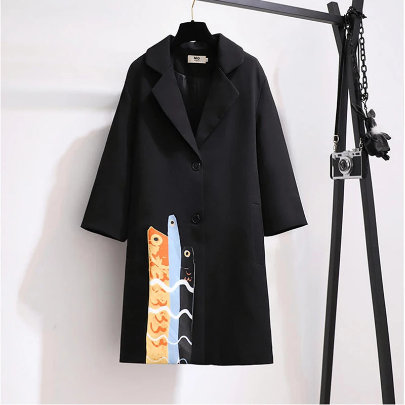 

Fashion mid-length blazer women Clothing 2022 autumn winter new style Korean printing straight single-breasted blazer female 88