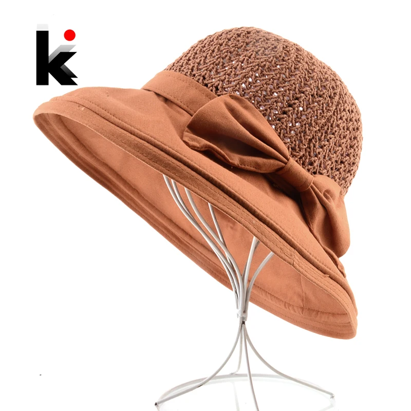 Sunhat For Women Vintage Floppy Hat With Bow-knot Summer Beach Travel Sun Protection Straw Cap Female Wide Brim Sunbonnet