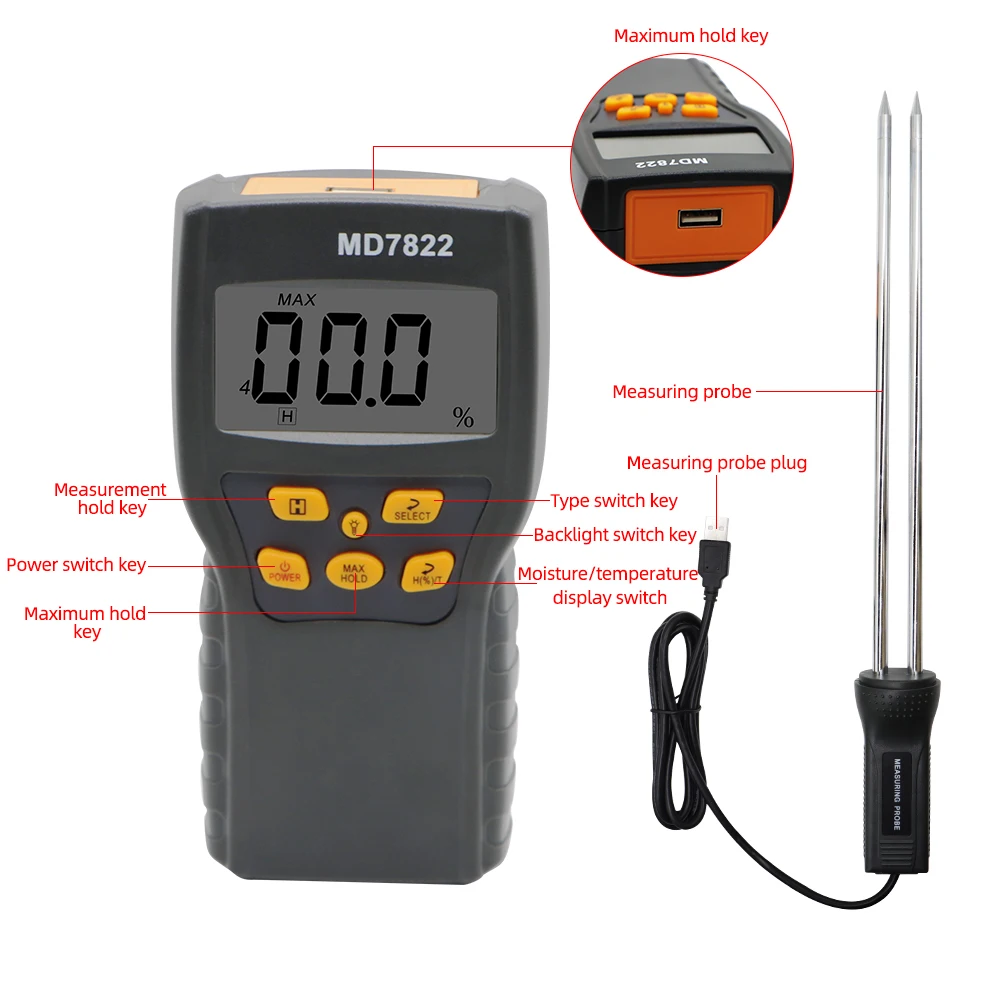 MD7822 Digital Grain Moisture Meter LCD Display Humidity Tester Contains Wheat Corn Rice Test Hygrometer Damp Detector 30% off