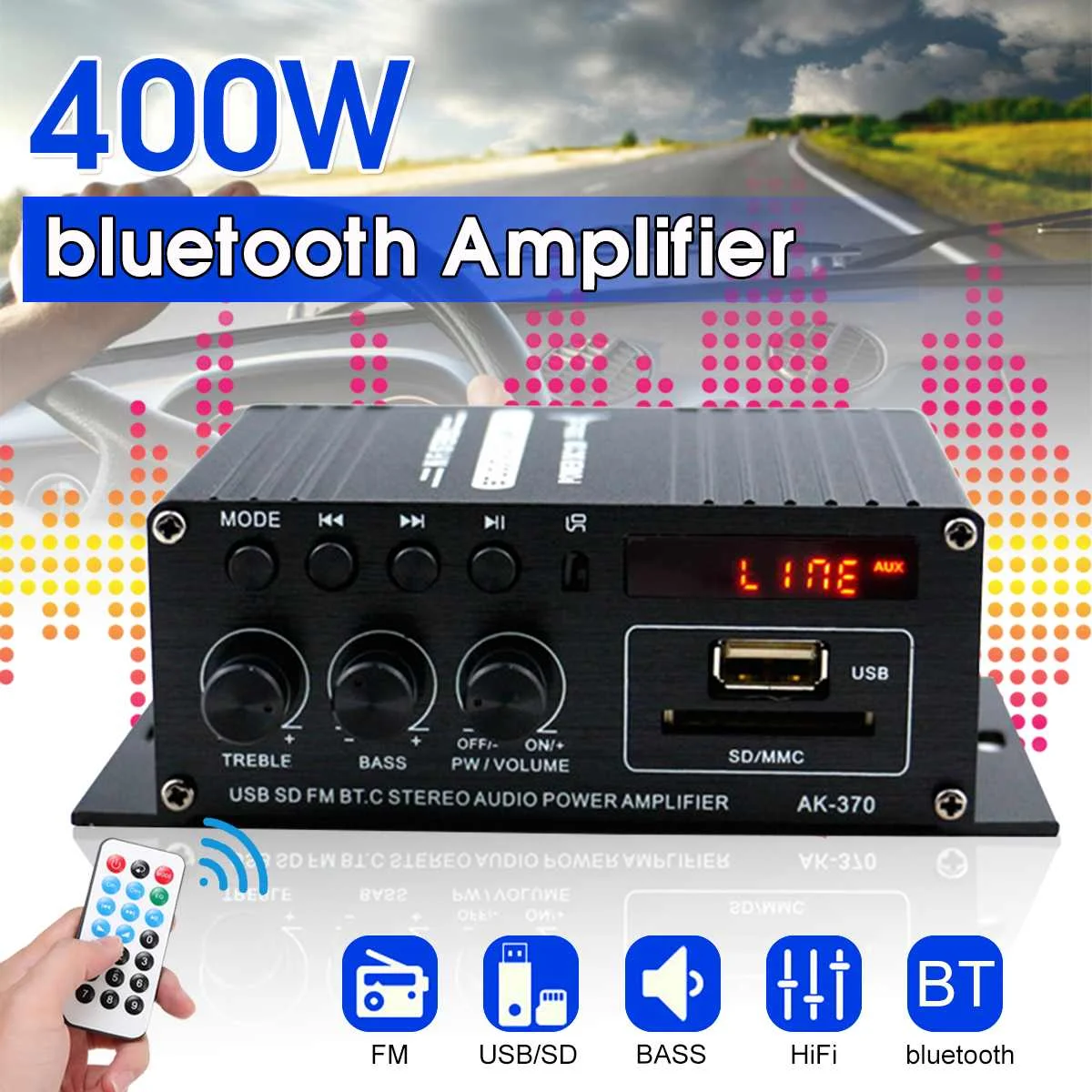 

400W 2*200W Stereo Hifi Car Home Subwoofer car audio car Amplifier Amp Sound Speaker bluetooth EDR Audio LED Design amplifiers