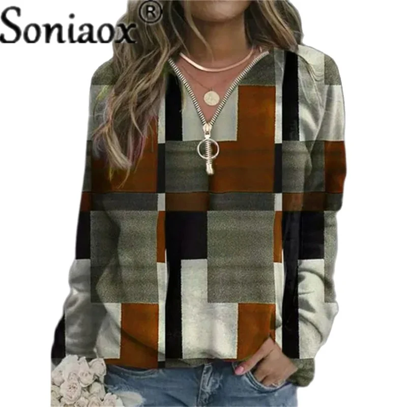 2021 Autumn Women Sweatshirts Loose Casual V Neck Zipper Long Sleeve Plaid Top Pullover Streetwear Ladies Fashion Ladies Hoodies