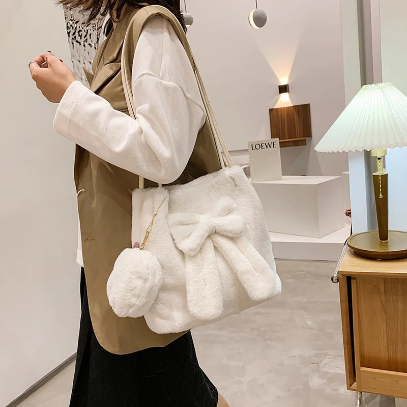 Plush Bucket Bag Bow Soft Fluffy Bags Solid Furry Ladies Handbag Fur Shoulder Bags Two Piece Set Bag For Women 2021 Winter New