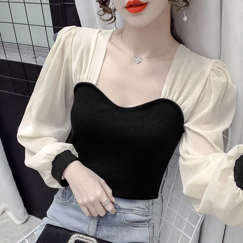 Lucyever Fashion Patchwork Knitted Blouses Women Korean Chic See Through Sleeve Shirts Female Elegant Slim Streetwear Blouse Top