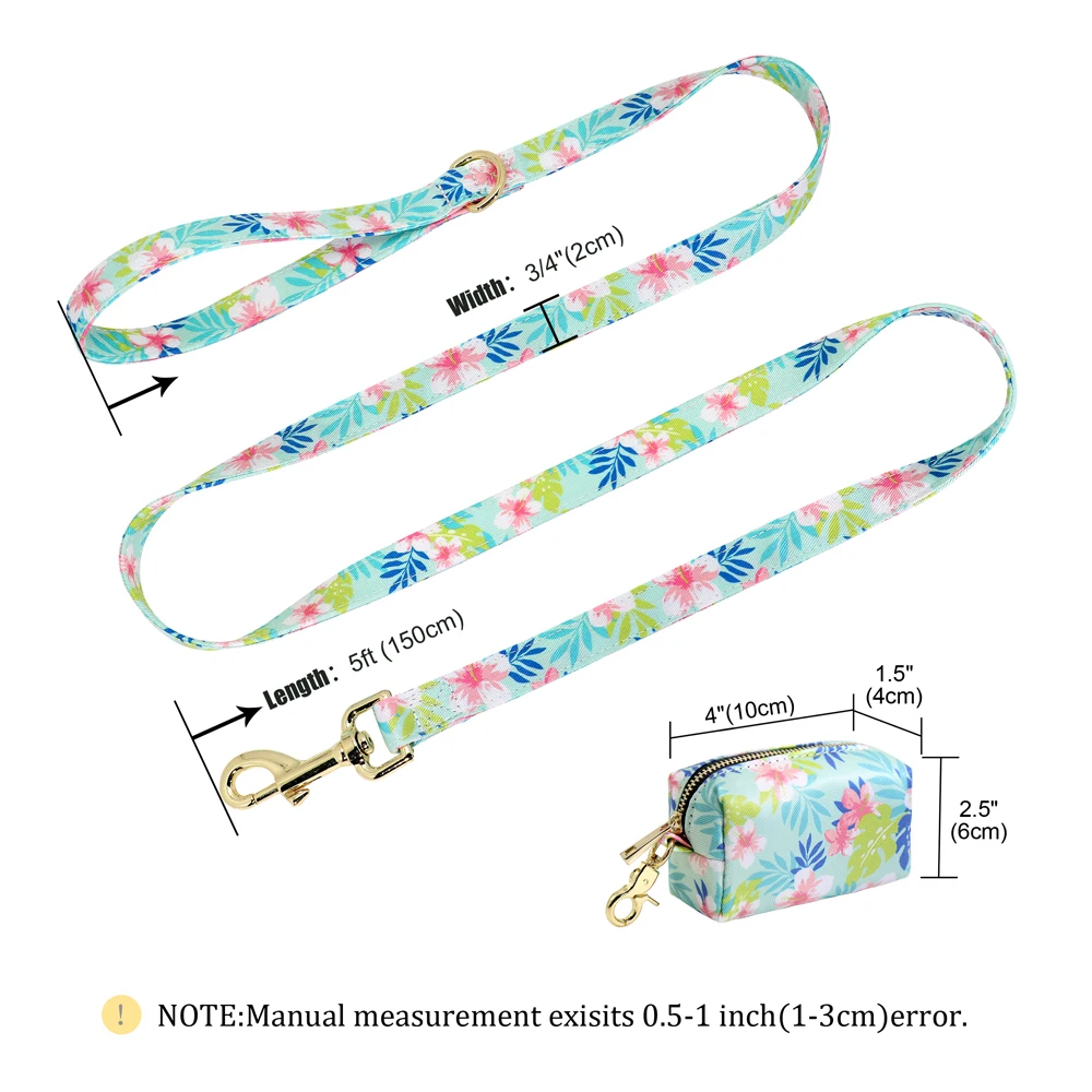 Flower Printed Dog Leash With Bag Small Medium Large Dog Pet Leashes Floral Print Nylon Dog Lead with Treat Bag Snack Bag