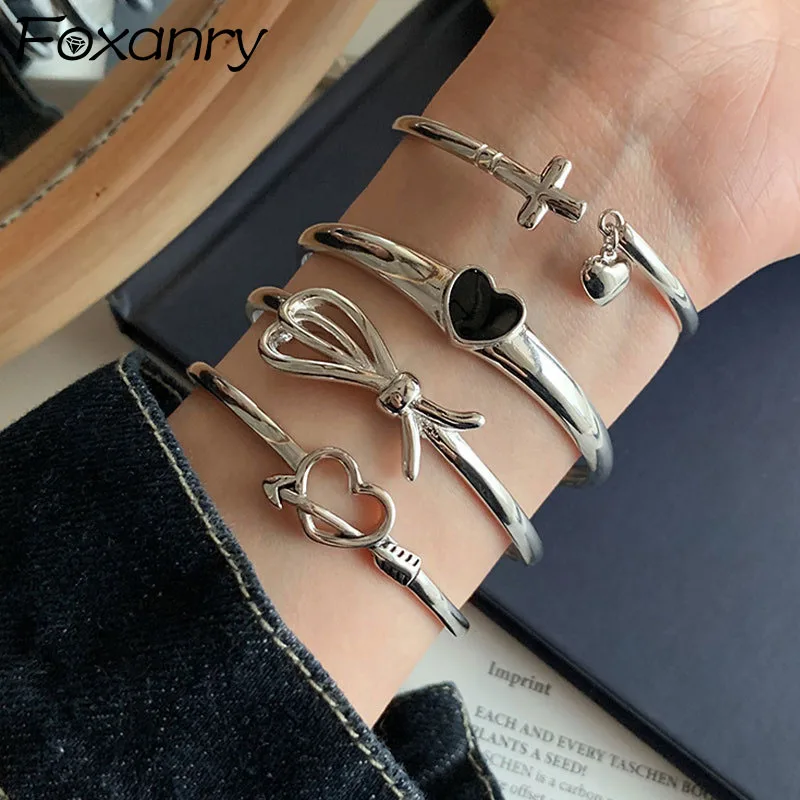 Foxanry Silver Color Bracelets for Women Trendy Elegant Sweet Bow Knot Bangles Black LOVE Heart Party Jewelry Wholesale