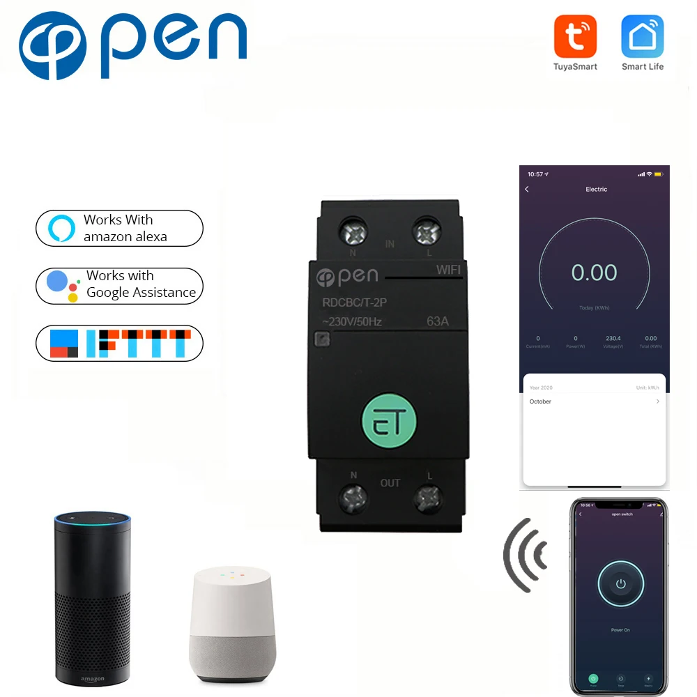 

OPEN 2P Din Rail WIFI Circuit Breaker relay type Smart Switch Consumption Monitor Remote control by TUYA APP for Smart home