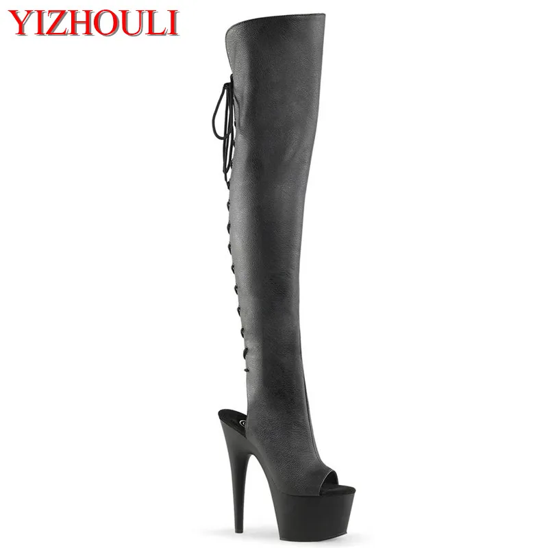 Sexy over-the-knee boots with 17cm heels, off-the-toe matte black stage shoes and models' pole dancing boots