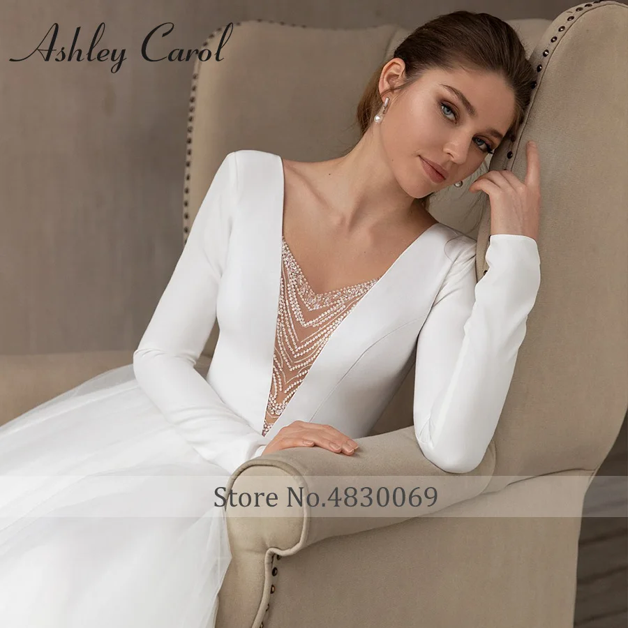 أشلي كارول وصول جديد الخامس الرقبة العروس الساتان كم طويل الأميرة ذيل شابيل ثوب الزفاف Vestidos De Novia