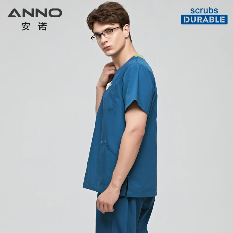 ANNO Blue Nurse Uniform Women Men Scrubs Suit Round Neck Dental Hospital Set Work Wear Short Sleeves Beauty Salon Clothing