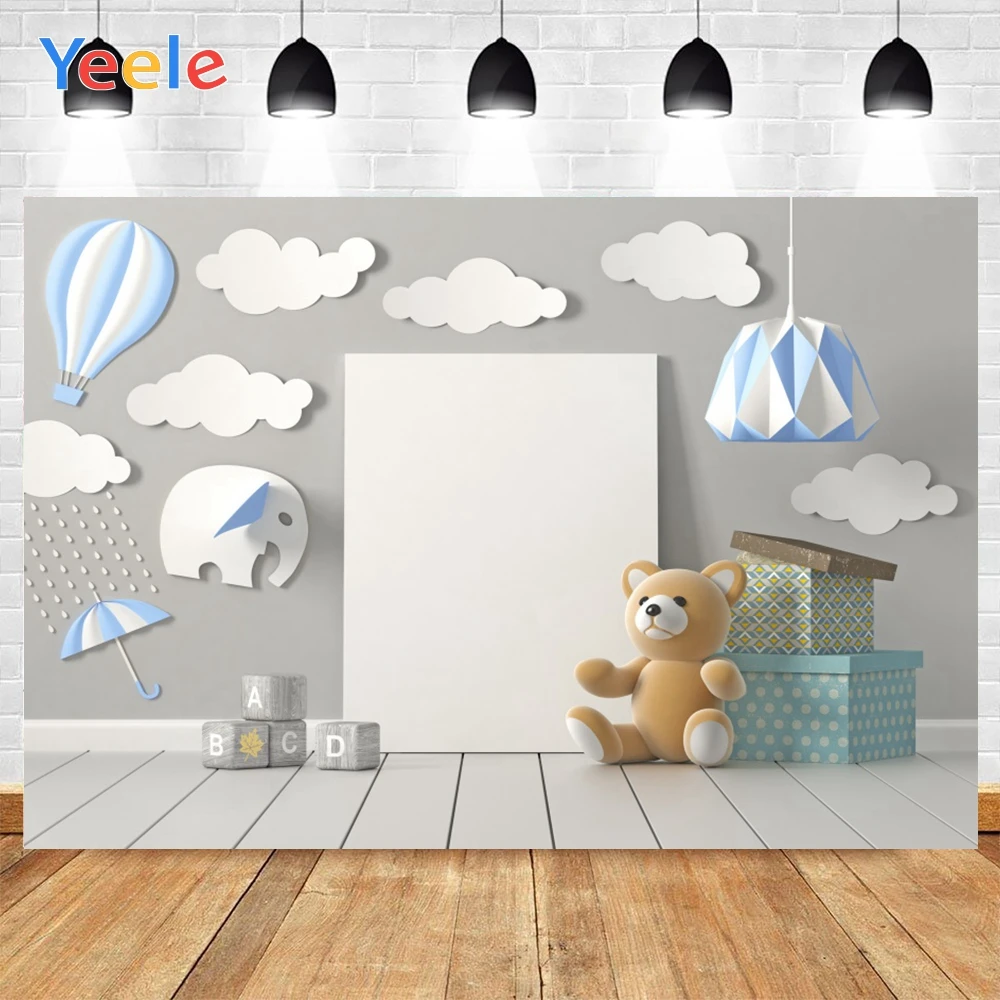 Yeele Happy Birthday White Wood Floor Cloud Bear Vinyl Background Photophone Photography Photo Studio for Decor Customized Size