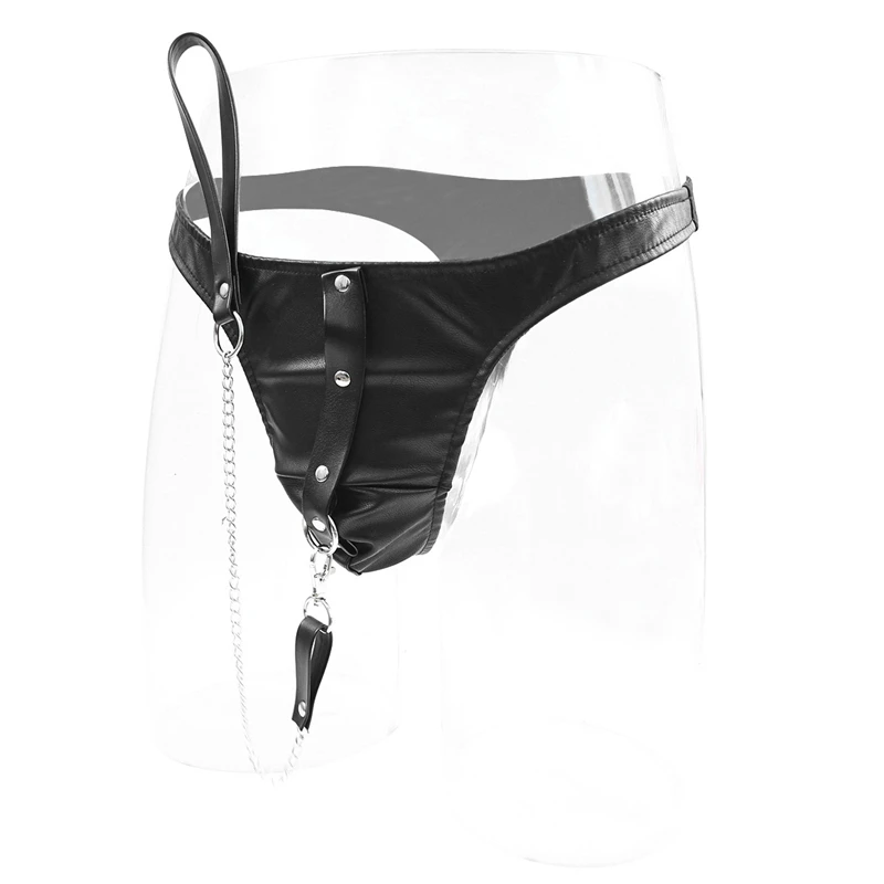 Fetish Men Sexy Sissy Panties With Leash PVC Leather Gay Sex Underwear Wetlook Latex Briefs Erotic Costumes for BDSM Bondage Sex