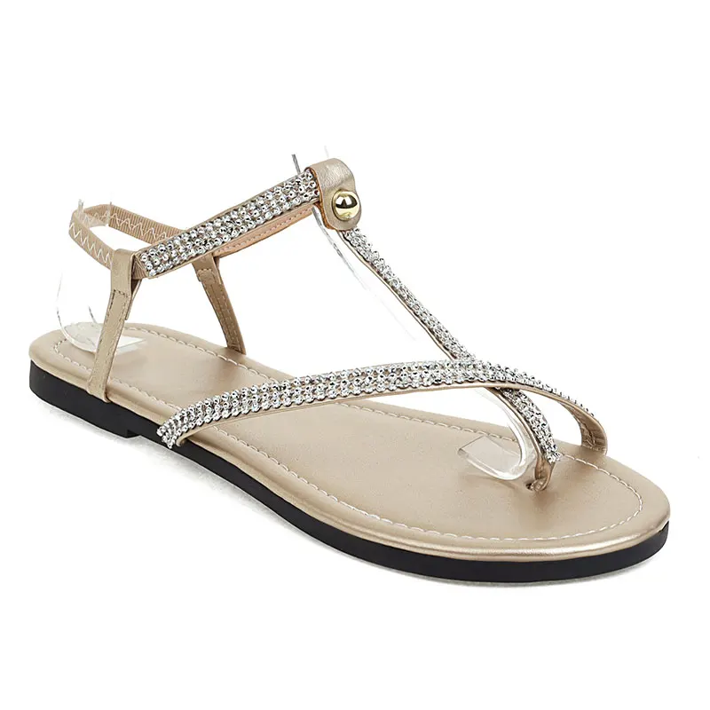 Lasyarrow 2021 Women Sandals PU Leather Crystal Summer Flat Heels Casual Round Toe T Strap Buckle Female Shoes Size 36-42