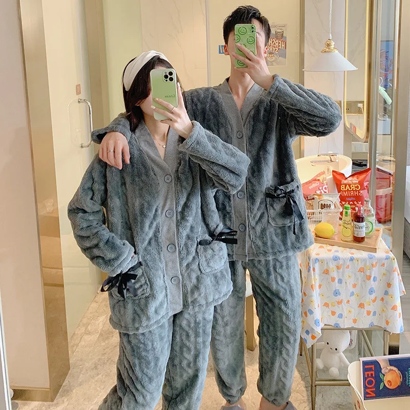 Couple Velvet Pajamas Set Autumn Winter Thick Warm Flannel Lover Home Clothes Men And Women Loose Casual Sleepwear Leisure Suit