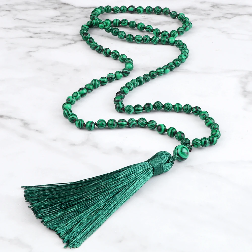 108 Mala Beaded Tassel Necklace Tiger Eyes Turquesa Meditation Yoga Jewelry Women Malachite Bohemian Ethnic Amazonite Necklace