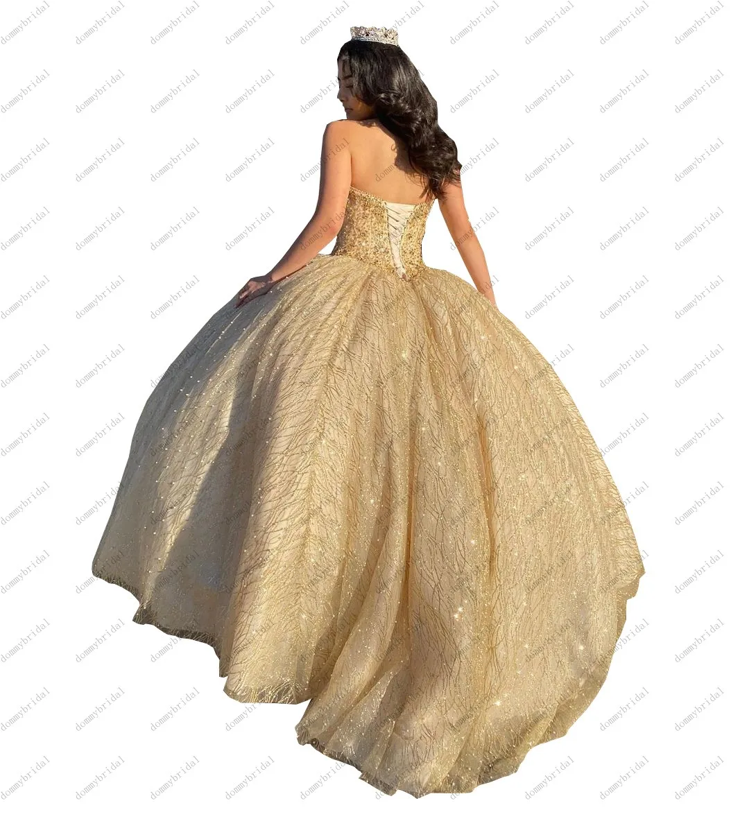 Glitz Gold Sequined Fabric Sweetheart Ball Gown Crystal Rhinestones Quinceanera Prom Formal Dress for 15 Years Girl Puffy Mexica