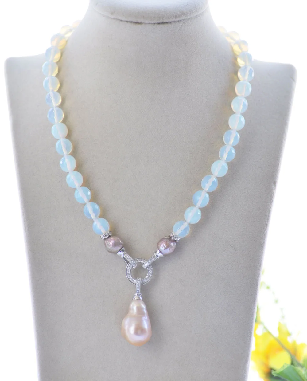 

MTC·STAR Z11027 18" 26mm Faceted Opal lavender Edison Pearl Pink Pendant Necklace CZ