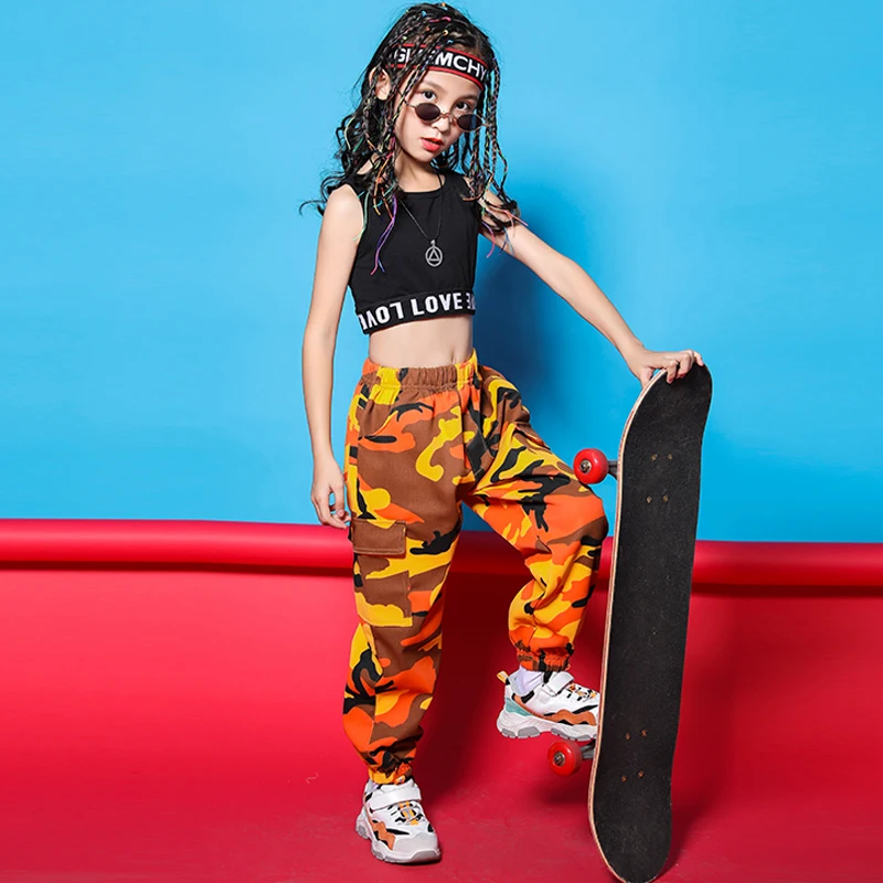 Fantasia de dança jazz, roupas de hip hop, tops pretos, calças de camuflagem para meninas, hip-hop, roupa de dança de rua, roupa de desempenho, rave, bl5527