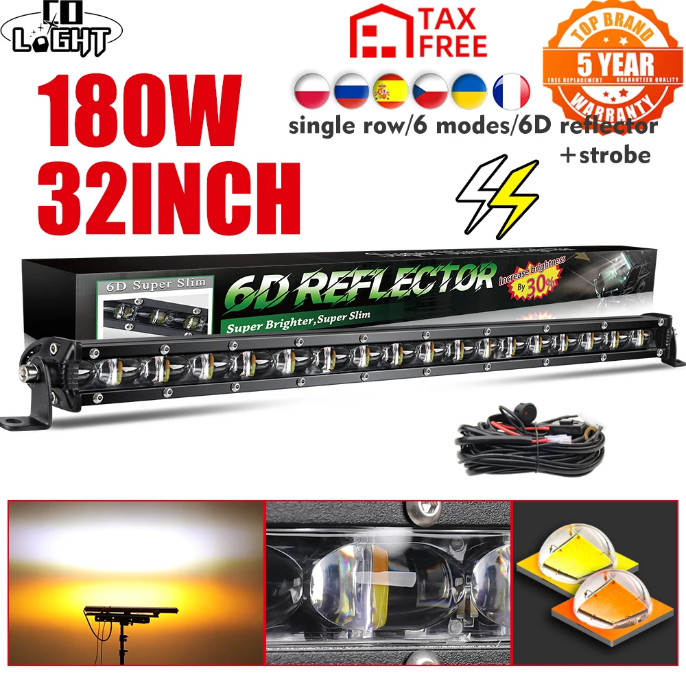 CO LIGHT Super Slim 32inch 180W Strobe Led Light Bar White Yellow Combo Flash Fog Work Light for 4x4 Offroad ATV Truck 12V 24V